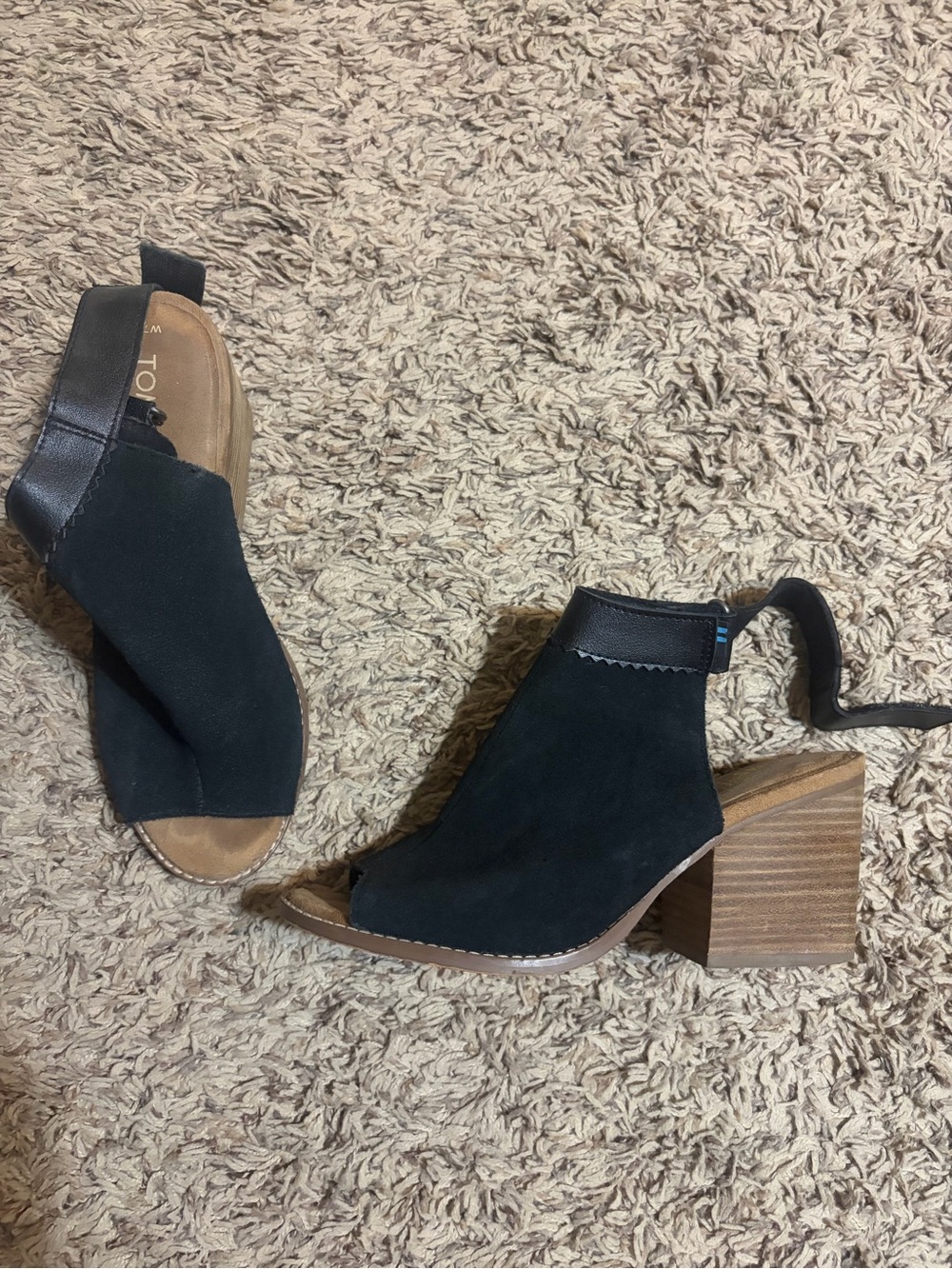 Toms Black Suede Open-Toe Block Heel Ankle Boots - Women
